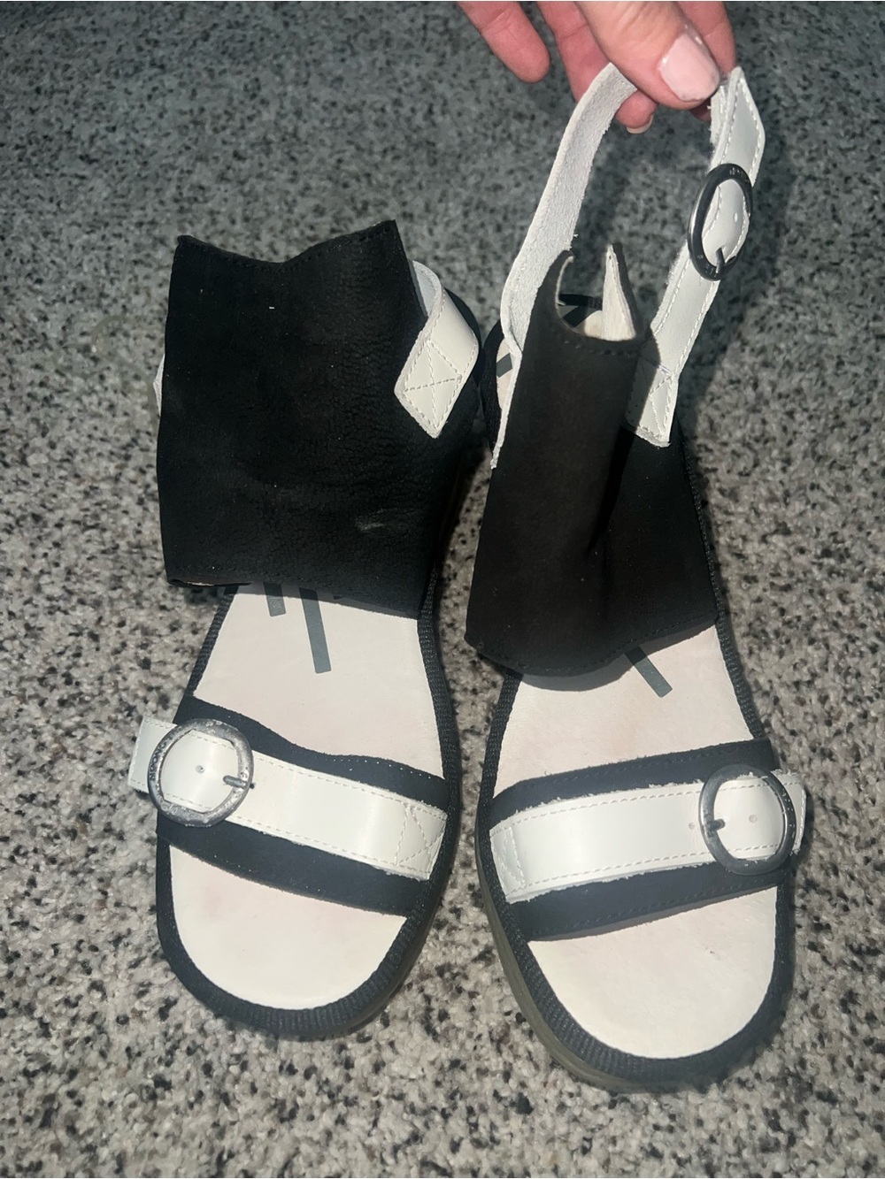 Fly London Black and White Open-Toe Buckle Sandals